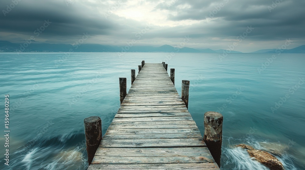 Fototapeta premium Old wooden pier extending into calm turquoise lake under dramatic cloudy sky with mountains in the distance
