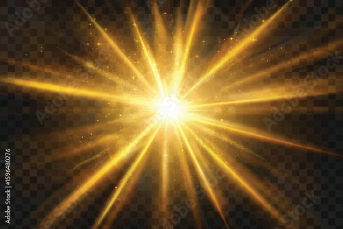 Glowing golden lights and stars. Isolated on white  background. Vector illustration,