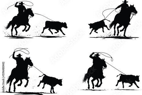 Four silhouettes of cowboys roping cattle on a white background