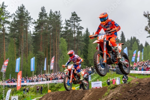 Exciting motocross competition with riders soaring over jumps in a dirt track on a sunny afternoon