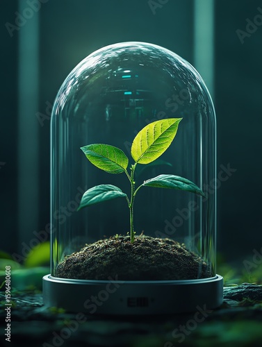 A delicate seedling thrives under a protective glass dome, symbolizing growth and environmental preservation.