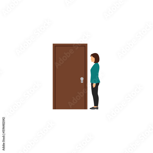 Young woman standing patiently next to a closed brown door with a keyhole, waiting to enter