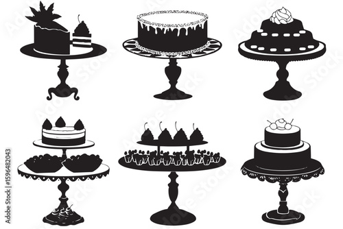 Set of birthday cake. Collection of stylized cakes with fruit and butter cream. Festive baked foods. Vector illustration isolated on white background.