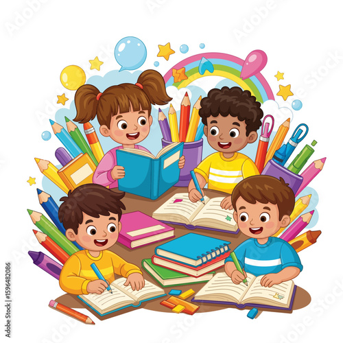 Young Students at Work, Kids Learning Together, Happy Study Time


