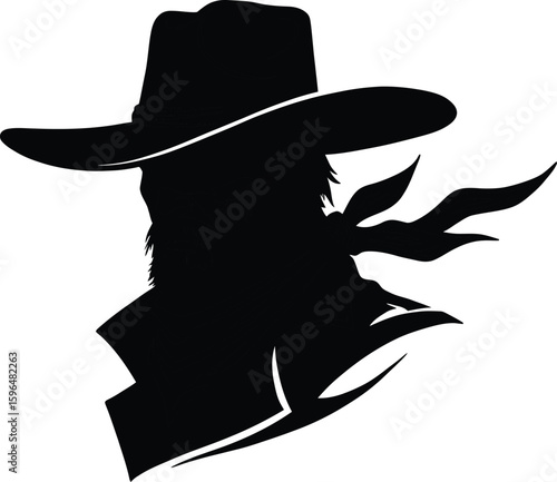 Silhouette of a cowboy wearing a wide brim hat and scarf
