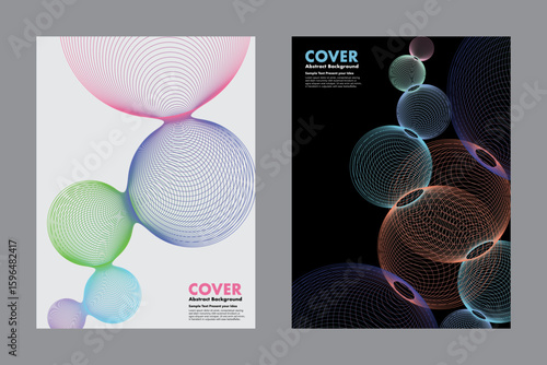 Abstract geometric vector with halftone lines patterns forming a circular shape on dark background, overlapping circles give a sense of space. For cover, annual report, presentation or digital artwork