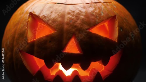 Cinematic Macro Journey Across a Glowing, Scary Halloween Jack-o'-lantern Face