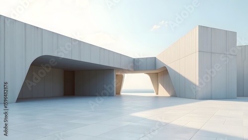 Fototapeta Naklejka Na Ścianę i Meble -  3d illustration of abstract modern architecture background, Minimal geometry architectural design, Car presentation backdrop with empty concrete floor