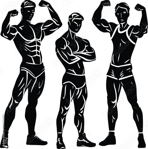 Silhouette of Bodybuilders Posing to Display Muscle Definition and Strength