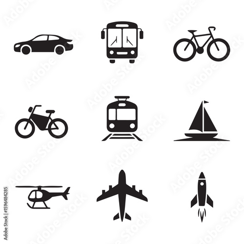 Collection of various transportation icons including car, bus, bicycle, train, sailboat, helicopter, airplane, and rocket.