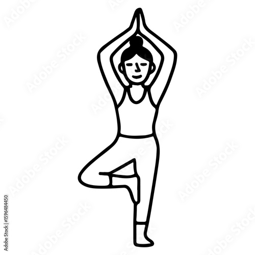 Vector illustration of a woman standing in tree pose (Vrksasana). Simple black and white doodle yoga icon, hand drawn style. Great for wellness designs, fitness, meditation, yoga classes, health blogs