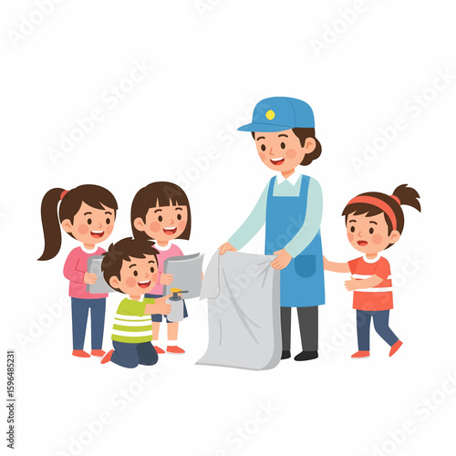 Teacher Guiding Kids in Cleaning and Life Skills Activity