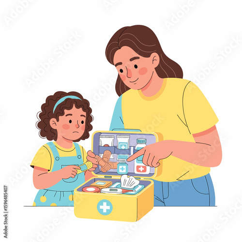 Mother Teaching Child About First Aid Kit and Home Safety