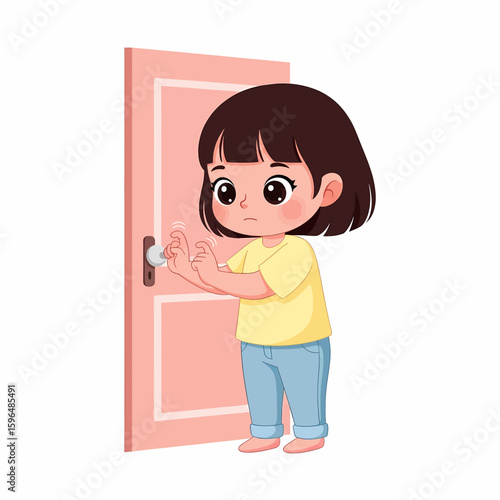 Nervous Cartoon Girl Fidgeting by Door Illustration