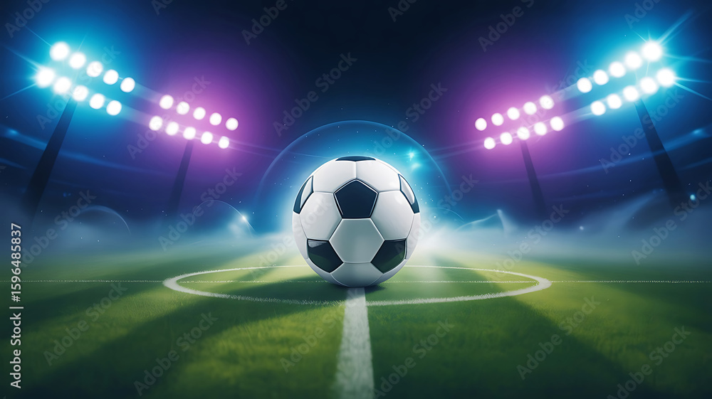 Naklejka premium Soccer Ball Spotlight Awaits on a Vibrant Green Field Under the Stadium Lights Ready for an Intense Game