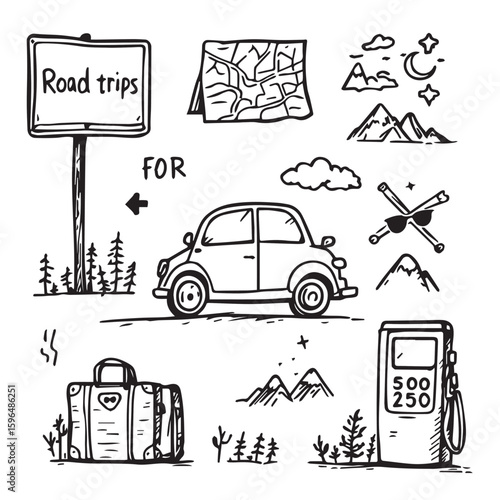 Doodle art illustration of road trip essentials and travel elements