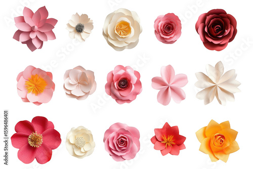 Collection of delicate paper-crafted blooms in various colors isolated on a transparent background
