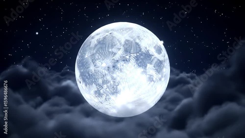Bright Full Moon Illuminates Starry Night Sky as Ethereal Clouds Gracefully Drift By