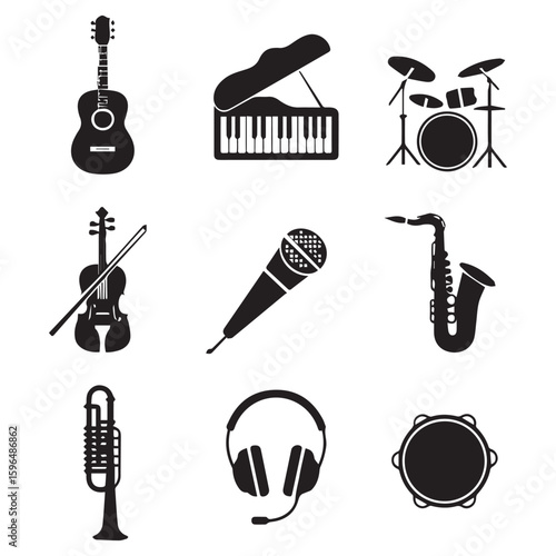 Collection of musical instruments and audio equipment icons including guitar, piano, drums, violin, mic, sax, trumpet, headphones, and tambourine
