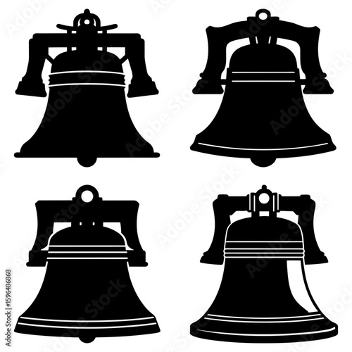 Four liberty bells in black silhouette displayed in a grid pattern on a white background image art