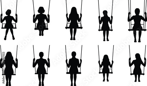 Silhouettes of women and girls on swings in a park