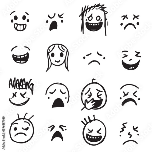 Collection of hand drawn cartoon faces expressing various emotions