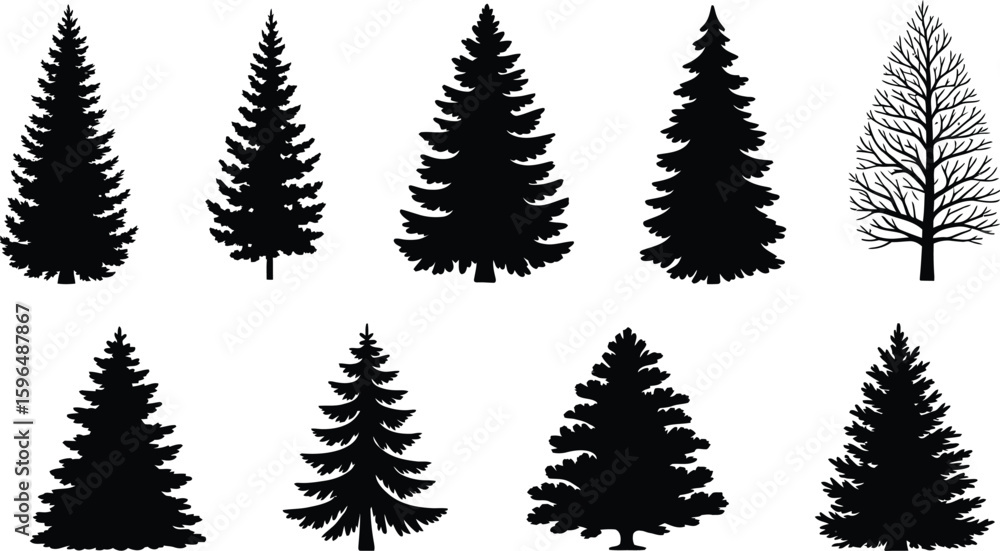 Obraz premium Collection of diverse pine and fir tree silhouettes for winter and nature designs