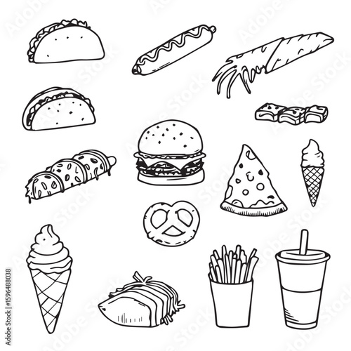 Assorted monochrome fast food doodles including tacos and ice cream cones