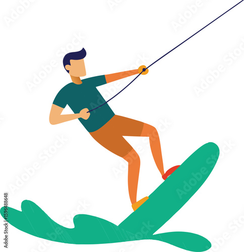 "A male wakeboarder pulled by a rope, leaning back while riding on a green wakeboard, energetic water motion, flat vector design."