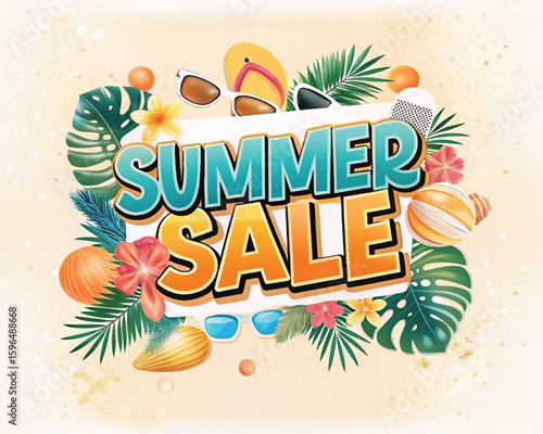 Summer sale banner with tropical elements and beach accessories  