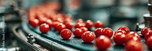 Processing ripe tomatoes on a conveyor belt in a factory during harvest season