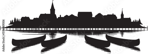 Silhouette of a Lakeside Town with Canoes on the Water Reflecting the Buildings and Sky