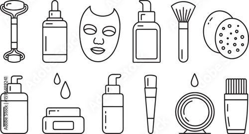 Skincare Routine Outline Icons Set Beauty Products for Healthy Skin Treatment and Facial Care Essentials
