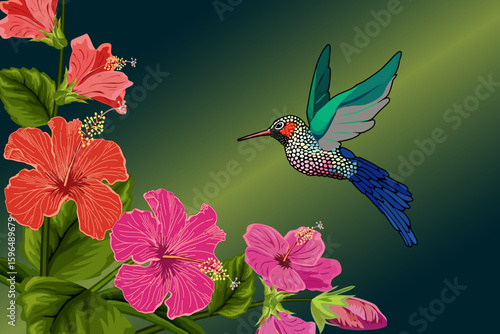 Hummingbird and bouquets of flowers.Vector illustration with hummingbird bird and hibiscus bouquet on color background.