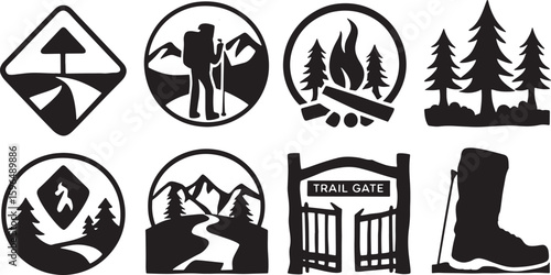 Hiking and Outdoor Adventure Icons Set Vector Illustration Black Silhouette on Transparent Background