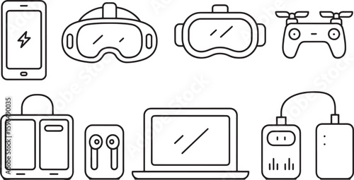 Modern Gadgets and Devices Line Art Icons Set for Technology and Digital Lifestyle Representation on Transparent