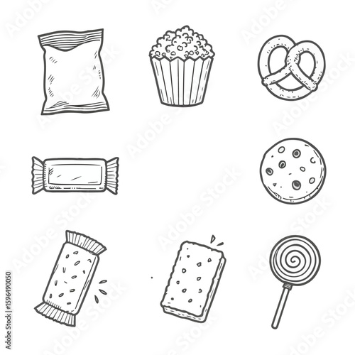 Hand drawn candy and snacks illustration on a white background