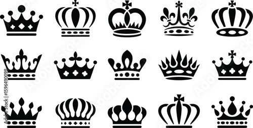 Collection of royal crowns in silhouette style