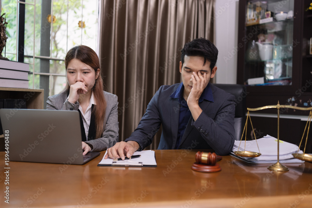 Emotional Mental Support, Lawyer woman and Man with Document Paper and Hammer on Wood table, Agreement and Partnership Concept, Emotional Mental Support, Lawyer woman and Man with Document Paper and Hammer on Wood table, Agreement and Partnership Concept,