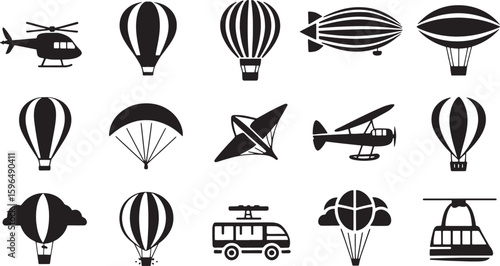 Air Transportation Icons Set Flying Vehicles Collection Helicopter Balloon Dirigible Plane Isolated Vector