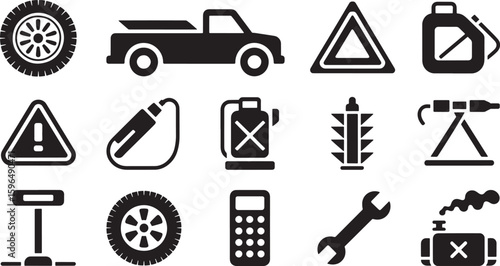 Automotive Repair and Roadside Assistance Icons Set Vector Illustration with Car, Tools, and Warning Signs