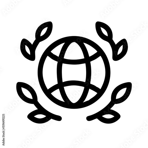 Globe surrounded by greenery, depicted in simple black and white. Globe surrounded by greenery, representing environmental sustainability and global harmony, is a clean icon.