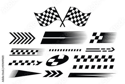  Racing Stripes and Flag Vector Set for Car Wraps, Race Event Posters, Finish Line Graphics, and Competitive Automotive Design Themes