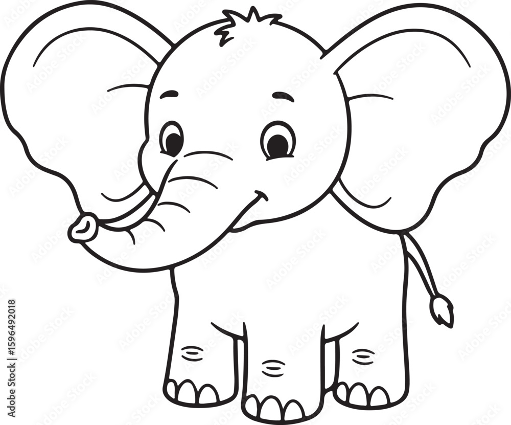 Naklejka premium Standing cartoon elephant with big ears and small tail, outlined in black and white, Adobe Illustrator Artwork