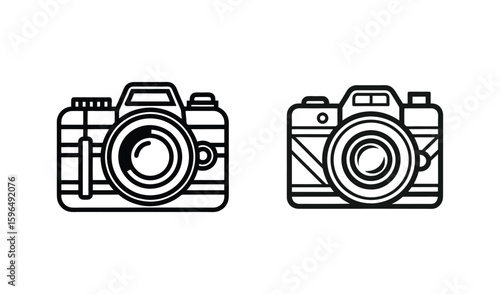 Two stylized line art cameras side by side