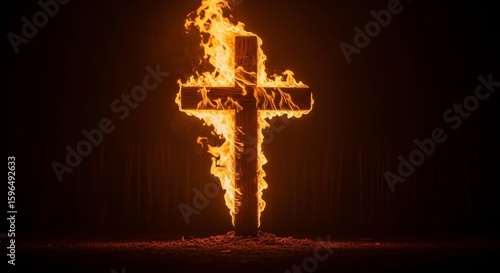 Burning Cross in Darkness - A wooden cross engulfed in flames against a dark background. Symbol of faith, sacrifice, or destruction