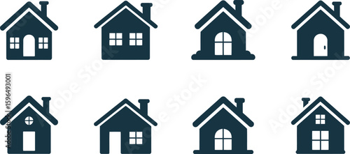 Collection of eight dark blue house silhouettes with varying window and door designs
