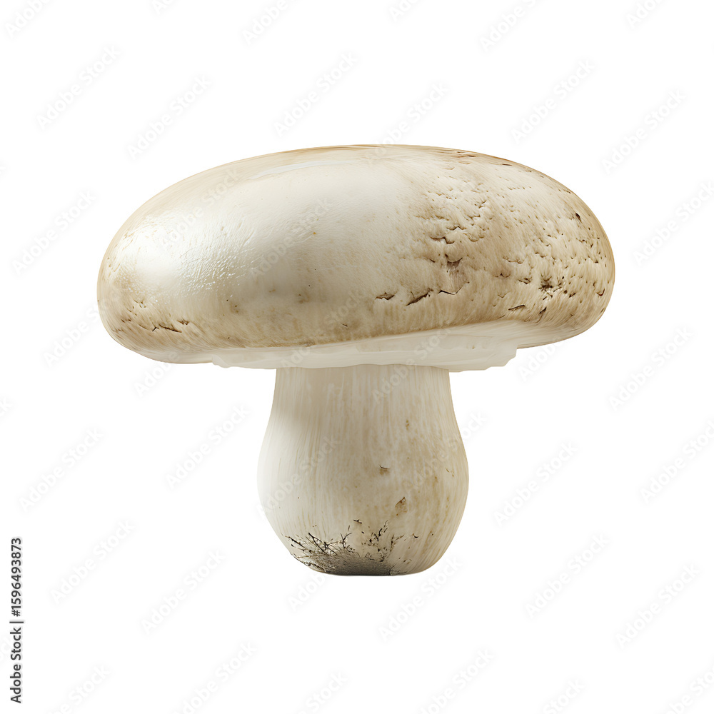 A single white button mushroom with a smooth cap and sturdy stem isolated on a white background. A single white button mushroom with a smooth cap and sturdy stem isolated on a white background.