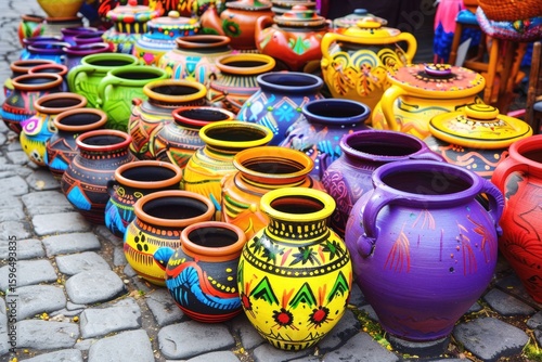 Vibrant handcrafted pottery displayed at a local market in a lively town