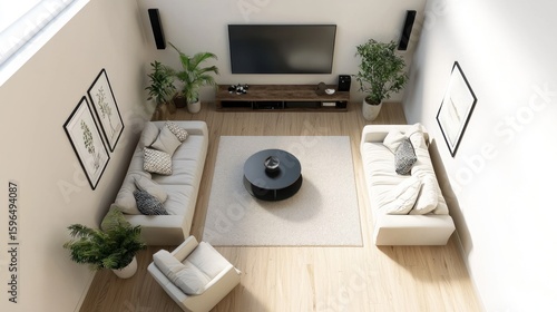 Wallpaper Mural Modern living room, overhead view, TV,  plants,  interior design Torontodigital.ca